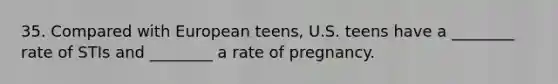 35. Compared with European teens, U.S. teens have a ________ rate of STIs and ________ a rate of pregnancy.