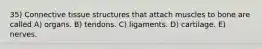 35) Connective tissue structures that attach muscles to bone are called A) organs. B) tendons. C) ligaments. D) cartilage. E) nerves.