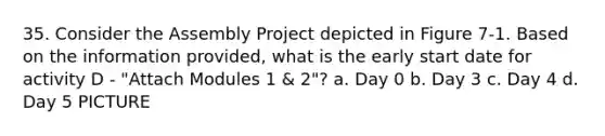 35. Consider the Assembly Project depicted in Figure 7-1. Based on the information provided, what is the early start date for activity D - "Attach Modules 1 & 2"? a. Day 0 b. Day 3 c. Day 4 d. Day 5 PICTURE