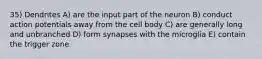 35) Dendrites A) are the input part of the neuron B) conduct action potentials away from the cell body C) are generally long and unbranched D) form synapses with the microglia E) contain the trigger zone