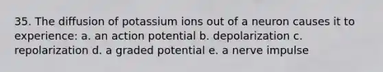 35. The diffusion of potassium ions out of a neuron causes it to experience: a. an action potential b. depolarization c. repolarization d. a graded potential e. a nerve impulse