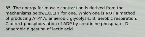 35. The energy for muscle contraction is derived from the mechanisms belowEXCEPT for one. Which one is NOT a method of producing ATP? A. anaerobic glycolysis. B. aerobic respiration. C. direct phosphorylation of ADP by creatinine phosphate. D. anaerobic digestion of lactic acid.