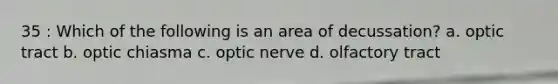 35 : Which of the following is an area of decussation? a. optic tract b. optic chiasma c. optic nerve d. olfactory tract