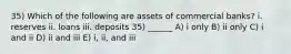 35) Which of the following are assets of commercial banks? i. reserves ii. loans iii. deposits 35) ______ A) i only B) ii only C) i and ii D) ii and iii E) i, ii, and iii