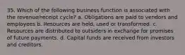 35. Which of the following business function is associated with the revenue/receipt cycle? a. Obligations are paid to vendors and employees b. Resources are held, used or transformed. c. Resources are distributed to outsiders in exchange for promises of future payments. d. Capital funds are received from investors and creditors.