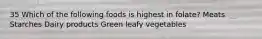 35 Which of the following foods is highest in folate? Meats Starches Dairy products Green leafy vegetables
