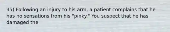 35) Following an injury to his arm, a patient complains that he has no sensations from his "pinky." You suspect that he has damaged the