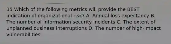 35 Which of the following metrics will provide the BEST indication of organizational risk? A. Annual loss expectancy B. The number of information security incidents C. The extent of unplanned business interruptions D. The number of high-impact vulnerabilities