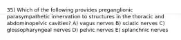 35) Which of the following provides preganglionic parasympathetic innervation to structures in the thoracic and abdominopelvic cavities? A) vagus nerves B) sciatic nerves C) glossopharyngeal nerves D) pelvic nerves E) splanchnic nerves