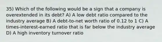 35) Which of the following would be a sign that a company is overextended in its debt? A) A low debt ratio compared to the industry average B) A debt-to-net worth ratio of 0.12 to 1 C) A times-interest-earned ratio that is far below the industry average D) A high inventory turnover ratio