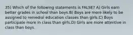 35) Which of the following statements is FALSE? A) Girls earn better grades in school than boys.B) Boys are more likely to be assigned to remedial education classes than girls.C) Boys participate more in class than girls.D) Girls are more attentive in class than boys.