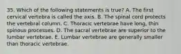 35. Which of the following statements is true? A. The first cervical vertebra is called the axis. B. The spinal cord protects the vertebral column. C. Thoracic vertebrae have long, thin spinous processes. D. The sacral vertebrae are superior to the lumbar vertebrae. E. Lumbar vertebrae are generally smaller than thoracic vertebrae.