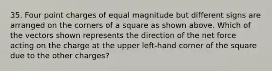 35. Four point charges of equal magnitude but different signs are arranged on the corners of a square as shown above. Which of the vectors shown represents the direction of the net force acting on the charge at the upper left-hand corner of the square due to the other charges?