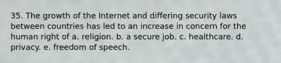 35. The growth of the Internet and differing security laws between countries has led to an increase in concern for the human right of a. religion. b. a secure job. c. healthcare. d. privacy. e. freedom of speech.