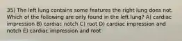 35) The left lung contains some features the right lung does not. Which of the following are only found in the left lung? A) cardiac impression B) cardiac notch C) root D) cardiac impression and notch E) cardiac impression and root