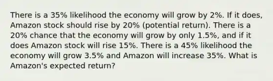 There is a 35% likelihood the economy will grow by 2%. If it does, Amazon stock should rise by 20% (potential return). There is a 20% chance that the economy will grow by only 1.5%, and if it does Amazon stock will rise 15%. There is a 45% likelihood the economy will grow 3.5% and Amazon will increase 35%. What is Amazon's expected return?