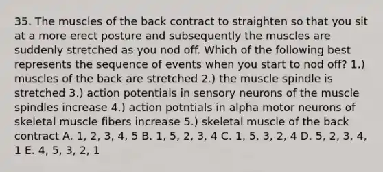 35. The muscles of the back contract to straighten so that you sit at a more erect posture and subsequently the muscles are suddenly stretched as you nod off. Which of the following best represents the sequence of events when you start to nod off? 1.) muscles of the back are stretched 2.) the muscle spindle is stretched 3.) action potentials in sensory neurons of the muscle spindles increase 4.) action potntials in alpha motor neurons of skeletal muscle fibers increase 5.) skeletal muscle of the back contract A. 1, 2, 3, 4, 5 B. 1, 5, 2, 3, 4 C. 1, 5, 3, 2, 4 D. 5, 2, 3, 4, 1 E. 4, 5, 3, 2, 1