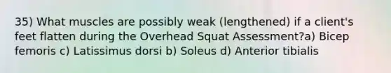 35) What muscles are possibly weak (lengthened) if a client's feet flatten during the Overhead Squat Assessment?a) Bicep femoris c) Latissimus dorsi b) Soleus d) Anterior tibialis