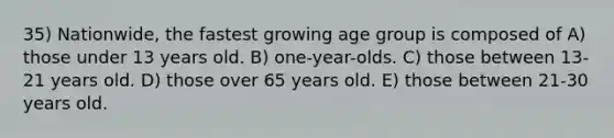 35) Nationwide, the fastest growing age group is composed of A) those under 13 years old. B) one-year-olds. C) those between 13-21 years old. D) those over 65 years old. E) those between 21-30 years old.