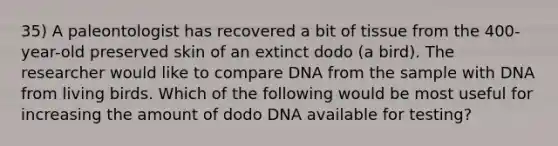 35) A paleontologist has recovered a bit of tissue from the 400-year-old preserved skin of an extinct dodo (a bird). The researcher would like to compare DNA from the sample with DNA from living birds. Which of the following would be most useful for increasing the amount of dodo DNA available for testing?