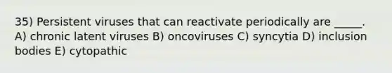 35) Persistent viruses that can reactivate periodically are _____. A) chronic latent viruses B) oncoviruses C) syncytia D) inclusion bodies E) cytopathic