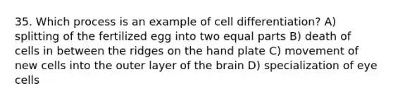 35. Which process is an example of cell differentiation? A) splitting of the fertilized egg into two equal parts B) death of cells in between the ridges on the hand plate C) movement of new cells into the outer layer of the brain D) specialization of eye cells