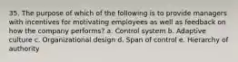 35. The purpose of which of the following is to provide managers with incentives for motivating employees as well as feedback on how the company performs? a. Control system b. Adaptive culture c. Organizational design d. Span of control e. Hierarchy of authority