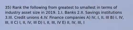 35) Rank the following from greatest to smallest in terms of industry asset size in 2019. 1.I. Banks 2.II. Savings institutions 3.III. Credit unions 4.IV. Finance companies A) IV, I, II, III B) I, IV, III, II C) I, II, IV, III D) I, II, III, IV E) II, IV, III, I