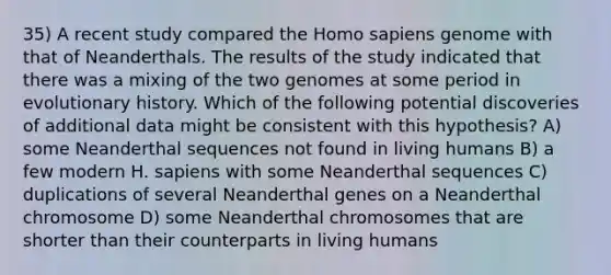 35) A recent study compared the Homo sapiens genome with that of Neanderthals. The results of the study indicated that there was a mixing of the two genomes at some period in evolutionary history. Which of the following potential discoveries of additional data might be consistent with this hypothesis? A) some Neanderthal sequences not found in living humans B) a few modern H. sapiens with some Neanderthal sequences C) duplications of several Neanderthal genes on a Neanderthal chromosome D) some Neanderthal chromosomes that are shorter than their counterparts in living humans