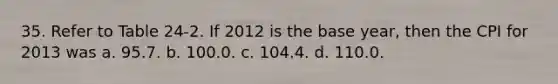 35. Refer to Table 24-2. If 2012 is the base year, then the CPI for 2013 was a. 95.7. b. 100.0. c. 104.4. d. 110.0.