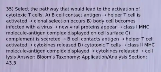 35) Select the pathway that would lead to the activation of cytotoxic T cells. A) B cell contact antigen → helper T cell is activated → clonal selection occurs B) body cell becomes infected with a virus → new viral proteins appear → class I MHC molecule-antigen complex displayed on cell surface C) complement is secreted → B cell contacts antigen → helper T cell activated → cytokines released D) cytotoxic T cells → class II MHC molecule-antigen complex displayed → cytokines released → cell lysis Answer: Bloom's Taxonomy: Application/Analysis Section: 43.3