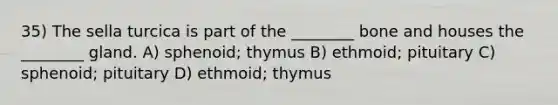 35) The sella turcica is part of the ________ bone and houses the ________ gland. A) sphenoid; thymus B) ethmoid; pituitary C) sphenoid; pituitary D) ethmoid; thymus