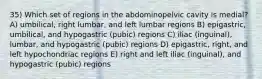 35) Which set of regions in the abdominopelvic cavity is medial? A) umbilical, right lumbar, and left lumbar regions B) epigastric, umbilical, and hypogastric (pubic) regions C) iliac (inguinal), lumbar, and hypogastric (pubic) regions D) epigastric, right, and left hypochondriac regions E) right and left iliac (inguinal), and hypogastric (pubic) regions