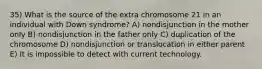 35) What is the source of the extra chromosome 21 in an individual with Down syndrome? A) nondisjunction in the mother only B) nondisjunction in the father only C) duplication of the chromosome D) nondisjunction or translocation in either parent E) It is impossible to detect with current technology.