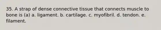 35. A strap of dense <a href='https://www.questionai.com/knowledge/kYDr0DHyc8-connective-tissue' class='anchor-knowledge'>connective tissue</a> that connects muscle to bone is (a) a. ligament. b. cartilage. c. myofibril. d. tendon. e. filament.