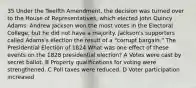 35 Under the Twelfth Amendment, the decision was turned over to the House of Representatives, which elected John Quincy Adams. Andrew Jackson won the most votes in the Electoral College, but he did not have a majority. Jackson's supporters called Adams's election the result of a "corrupt bargain." The Presidential Election of 1824 What was one effect of these events on the 1828 presidential election? A Votes were cast by secret ballot. B Property qualifications for voting were strengthened. C Poll taxes were reduced. D Voter participation increased