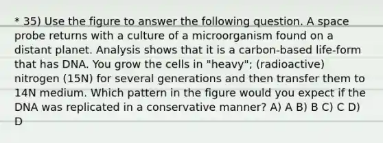 * 35) Use the figure to answer the following question. A space probe returns with a culture of a microorganism found on a distant planet. Analysis shows that it is a carbon-based life-form that has DNA. You grow the cells in "heavy"; (radioactive) nitrogen (15N) for several generations and then transfer them to 14N medium. Which pattern in the figure would you expect if the DNA was replicated in a conservative manner? A) A B) B C) C D) D