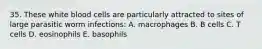 35. These white blood cells are particularly attracted to sites of large parasitic worm infections: A. macrophages B. B cells C. T cells D. eosinophils E. basophils