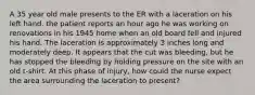 A 35 year old male presents to the ER with a laceration on his left hand. the patient reports an hour ago he was working on renovations in his 1945 home when an old board fell and injured his hand. The laceration is approximately 3 inches long and moderately deep. It appears that the cut was bleeding, but he has stopped the bleeding by holding pressure on the site with an old t-shirt. At this phase of injury, how could the nurse expect the area surrounding the laceration to present?