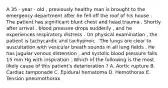 A 35 - year - old , previously healthy man is brought to the emergency department after he fell off the roof of his house . The patient has significant blunt chest and head trauma . Shortly after arrival , blood pressure drops suddenly , and he experiences respiratory distress . On physical examination , the patient is tachycardic and tachypneic . The lungs are clear to auscultation with vesicular breath sounds in all lung fields . He has jugular venous distension , and systolic blood pressure falls 15 mm Hg with inspiration . Which of the following is the most likely cause of this patient's deterioration ? A. Aortic rupture B. Cardiac tamponade C. Epidural hematoma D. Hemothorax E. Tension pneumothorax