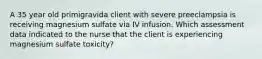 A 35 year old primigravida client with severe preeclampsia is receiving magnesium sulfate via IV infusion. Which assessment data indicated to the nurse that the client is experiencing magnesium sulfate toxicity?