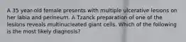 A 35 year-old female presents with multiple ulcerative lesions on her labia and perineum. A Tzanck preparation of one of the lesions reveals multinucleated giant cells. Which of the following is the most likely diagnosis?