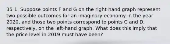35-1. Suppose points F and G on the right-hand graph represent two possible outcomes for an imaginary economy in the year 2020, and those two points correspond to points C and D, respectively, on the left-hand graph. What does this imply that the price level in 2019 must have been?