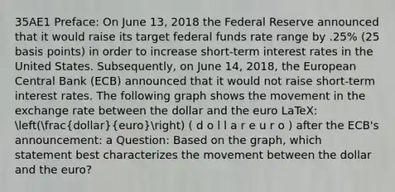 35AE1 Preface: On June 13, 2018 the Federal Reserve announced that it would raise its target federal funds rate range by .25% (25 basis points) in order to increase short-term interest rates in the United States. Subsequently, on June 14, 2018, the European Central Bank (ECB) announced that it would not raise short-term interest rates. The following graph shows the movement in the exchange rate between the dollar and the euro LaTeX: ((dollar)/(euro)) ( d o l l a r e u r o ) after the ECB's announcement: a Question: Based on the graph, which statement best characterizes the movement between the dollar and the euro?