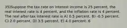 35)Suppose the tax rate on interest income is 25 percent, the real interest rate is 4 percent, and the inflation rate is 4 percent. The real after-tax interest rate is A) 0.5 percent. B) -0.5 percent. C) 2.0 percent. D) 3.5 percent. E) 4.0 percent. 6