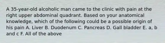 A 35-year-old alcoholic man came to the clinic with pain at the right upper abdominal quadrant. Based on your anatomical knowledge, which of the following could be a possible origin of his pain A. Liver B. Duodenum C. Pancreas D. Gall bladder E. a, b and c F. All of the above