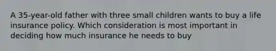 A 35-year-old father with three small children wants to buy a life insurance policy. Which consideration is most important in deciding how much insurance he needs to buy