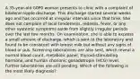 A 35-year-old G0P0 woman presents to clinic with a complaint of bilateral nipple discharge. This discharge started several weeks ago and has occurred at irregular intervals since that time. She does not complain of local tenderness, redness, fever, or any other systemic symptoms aside from slightly irregular periods over the last few months. On examination, she is able to express a small amount of discharge, which is sent to the laboratory and found to be consistent with breast milk but without any signs of blood or pus. Screening laboratories are also sent, which reveal a normal blood count, metabolic panel, thyroid-stimulating hormone, and human chorionic gonadotropin (HCG) level. Further laboratories are still pending. Which of the following is the most likely diagnosis?