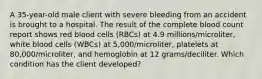 A 35-year-old male client with severe bleeding from an accident is brought to a hospital. The result of the complete blood count report shows red blood cells (RBCs) at 4.9 millions/microliter, white blood cells (WBCs) at 5,000/microliter, platelets at 80,000/microliter, and hemoglobin at 12 grams/deciliter. Which condition has the client developed?