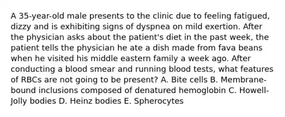 A 35-year-old male presents to the clinic due to feeling fatigued, dizzy and is exhibiting signs of dyspnea on mild exertion. After the physician asks about the patient's diet in the past week, the patient tells the physician he ate a dish made from fava beans when he visited his middle eastern family a week ago. After conducting a blood smear and running blood tests, what features of RBCs are not going to be present? A. Bite cells B. Membrane-bound inclusions composed of denatured hemoglobin C. Howell-Jolly bodies D. Heinz bodies E. Spherocytes